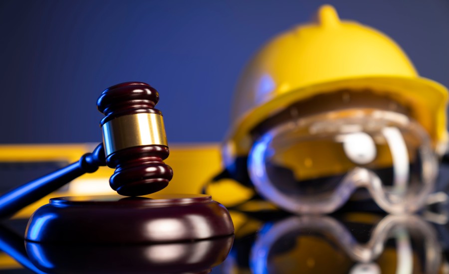 A construction helmet and court hammer