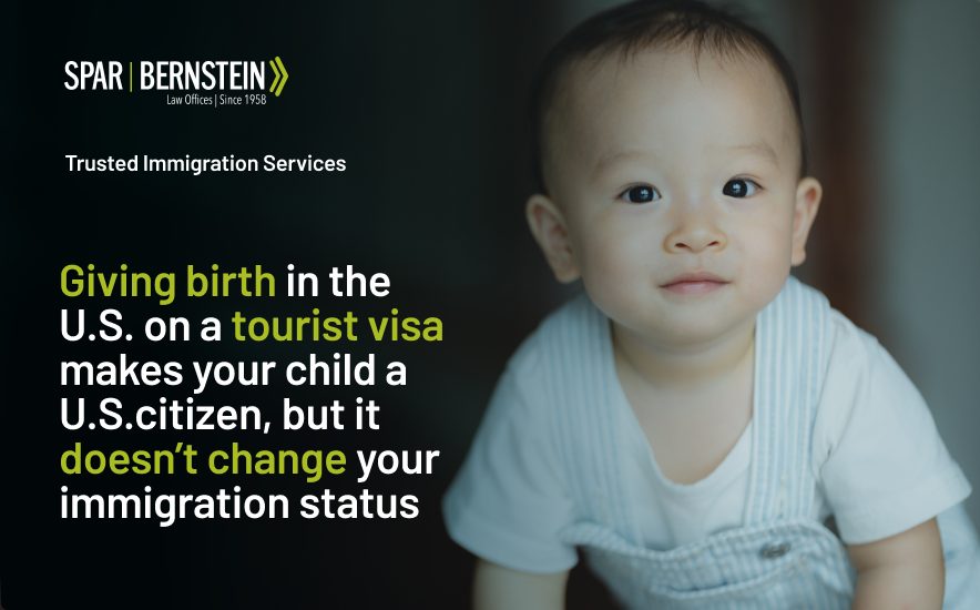 A custom image explaining the legal implications of giving birth on a tourist visa for the mother and the child
