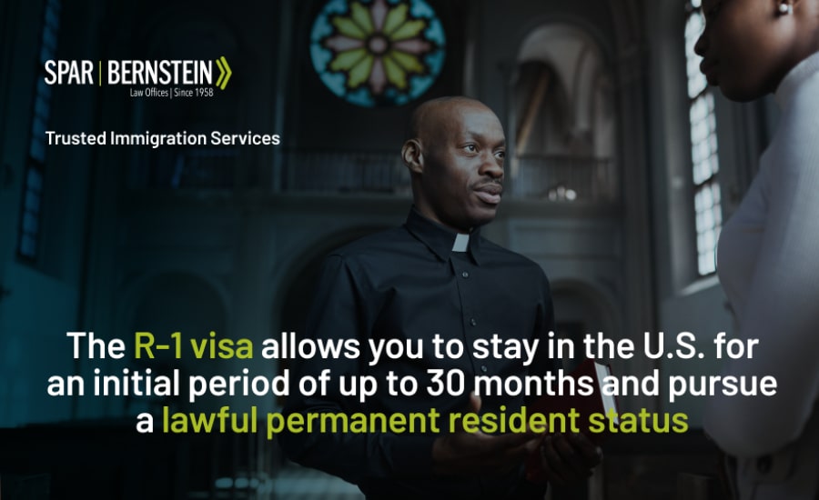 A custom image explaining you can apply for a Green Card while on an R-1 visa