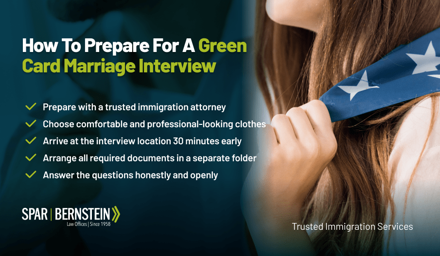 A custom image with tips to prepare for the Green Card marriage interview