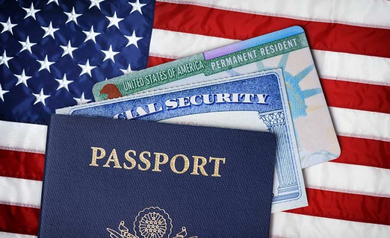 The U.S. flag, passport, Green Card and social security card
